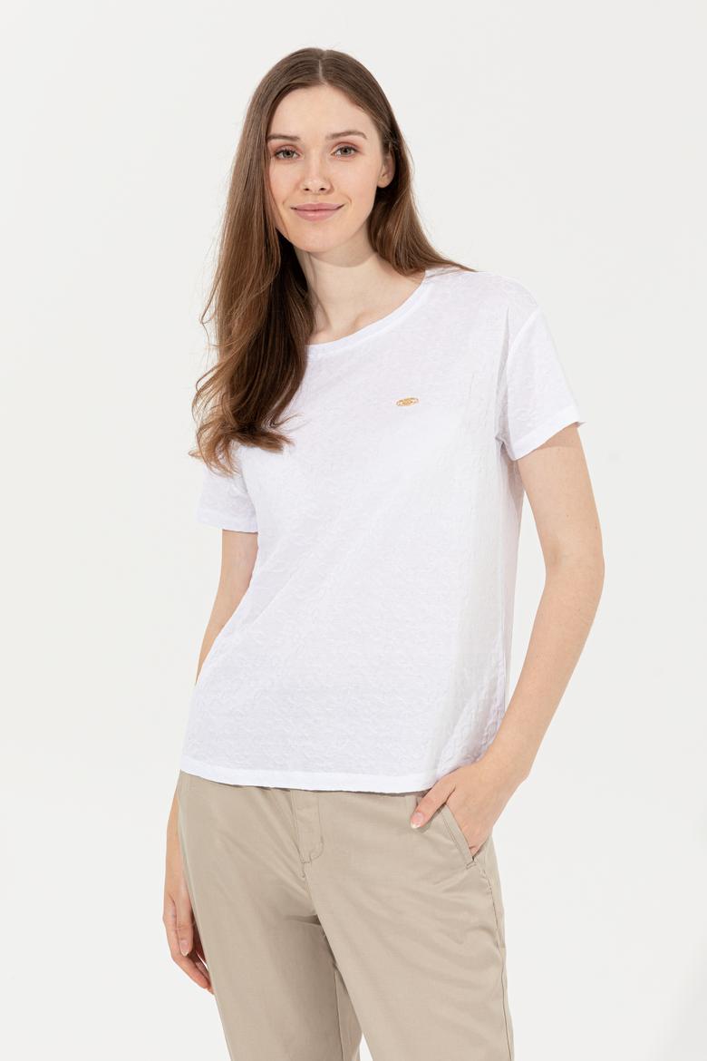 Kadın Beyaz Bisiklet Yaka Tişört - 50249039005