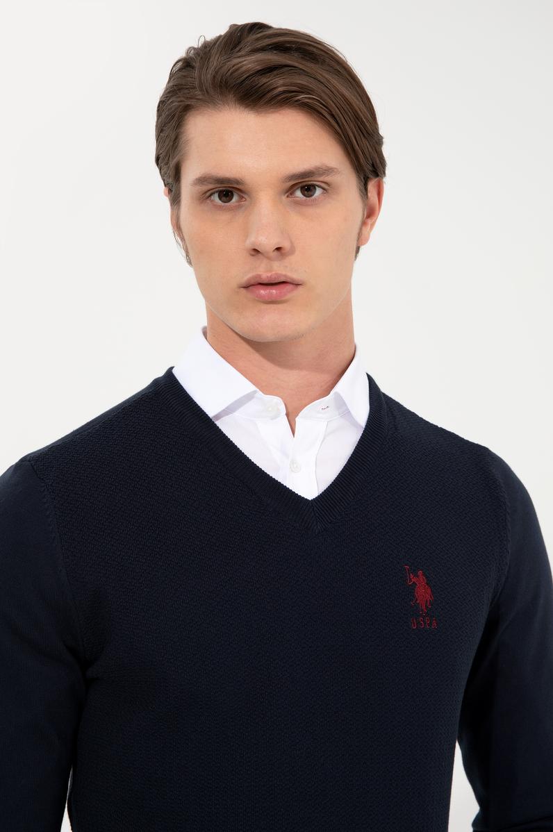 Erkek Lacivert V Yaka Basic Triko Kazak