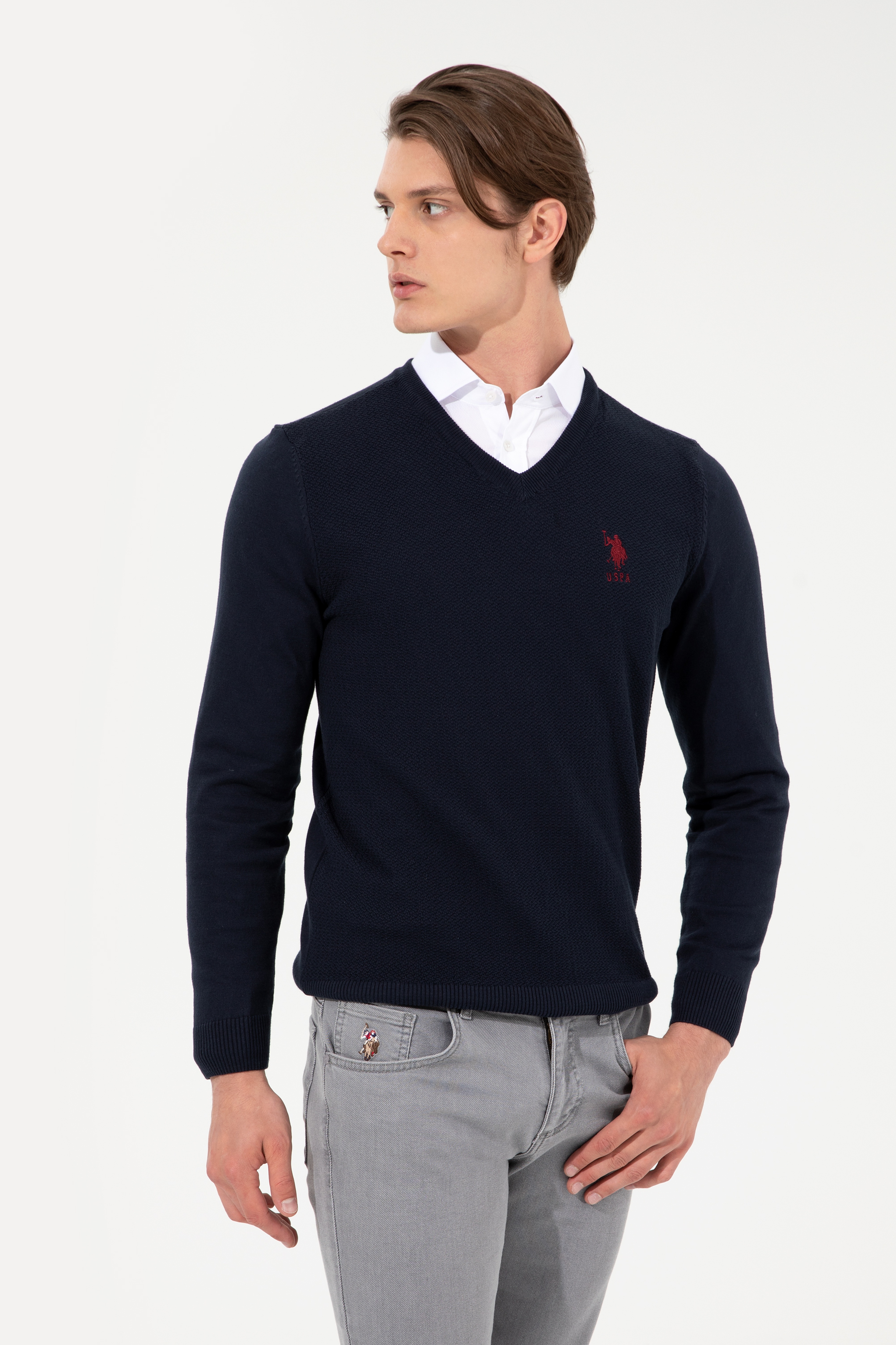 Erkek Lacivert V Yaka Basic Triko Kazak - Image 1