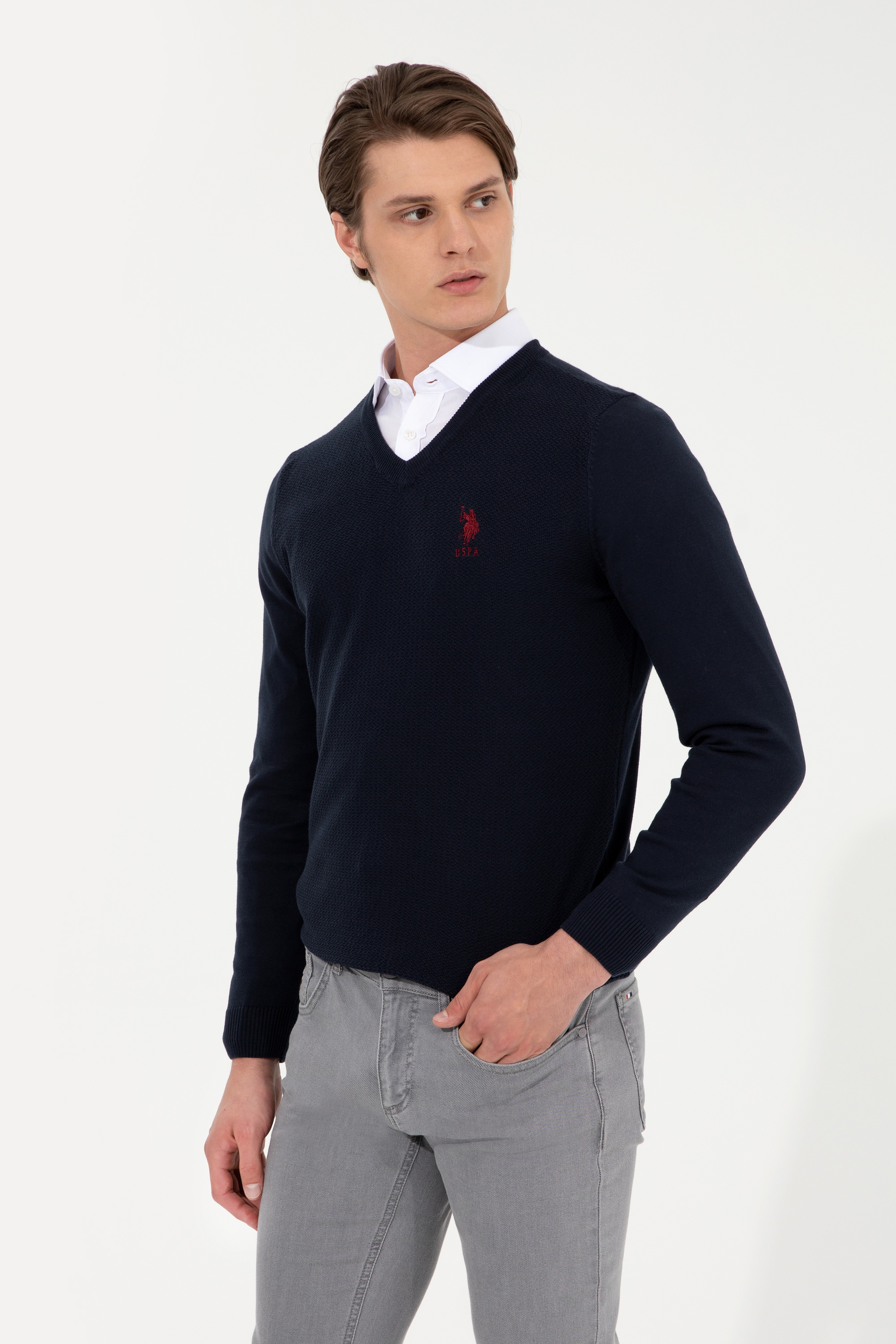 Erkek Lacivert V Yaka Basic Triko Kazak - Image 3