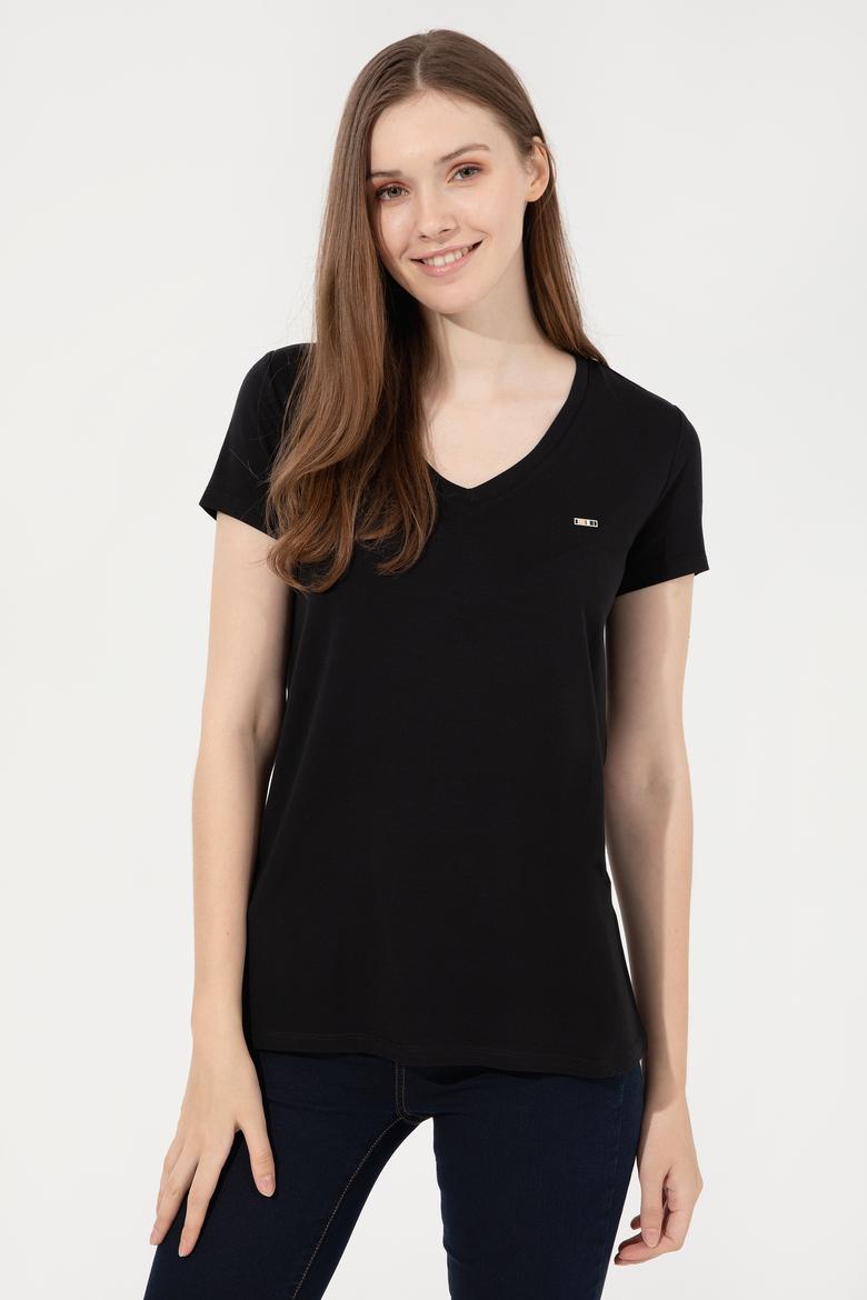 Kadın Siyah Basic V Yaka Tişört - 50247980006