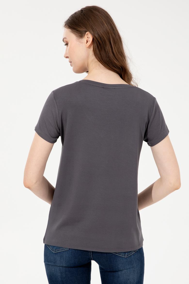 Kadın Antrasit Basic V Yaka Tişört - 50247980087