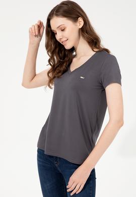 Kadın Antrasit Basic V Yaka Tişört - 50247980087