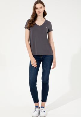 Kadın Antrasit Basic V Yaka Tişört - 50247980087