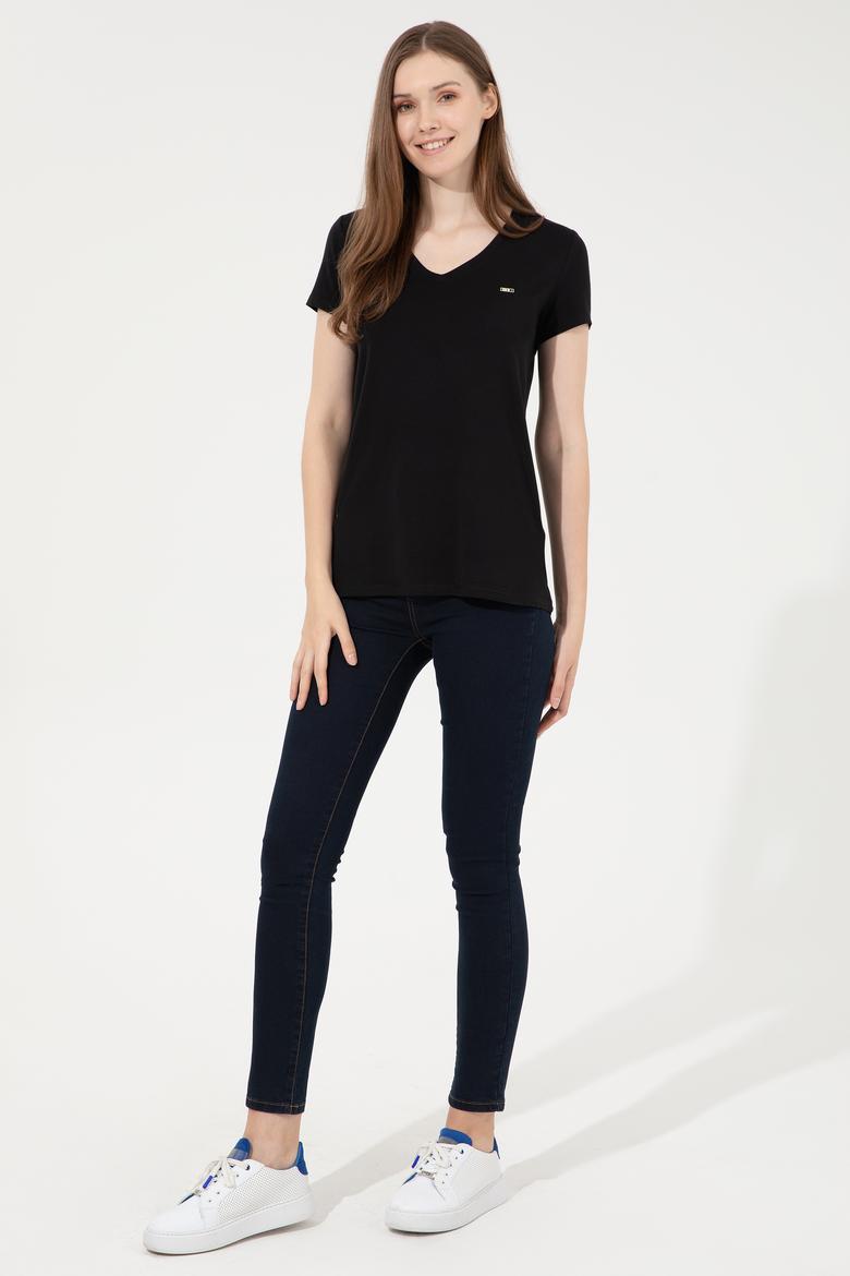 Kadın Siyah Basic V Yaka Tişört - 50247980006