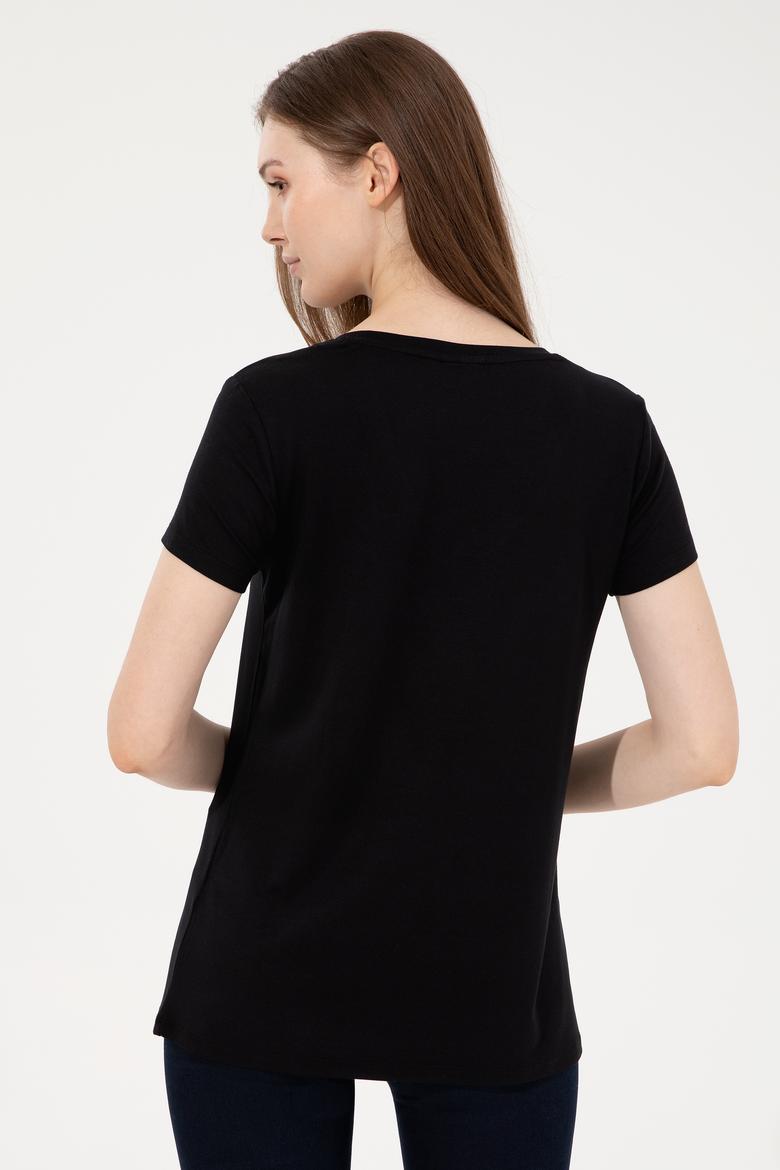 Kadın Siyah Basic V Yaka Tişört - 50247980006