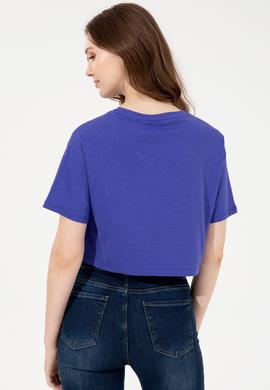 Kadın Mavi Bisiklet Yaka Crop Tişört - 50248144020