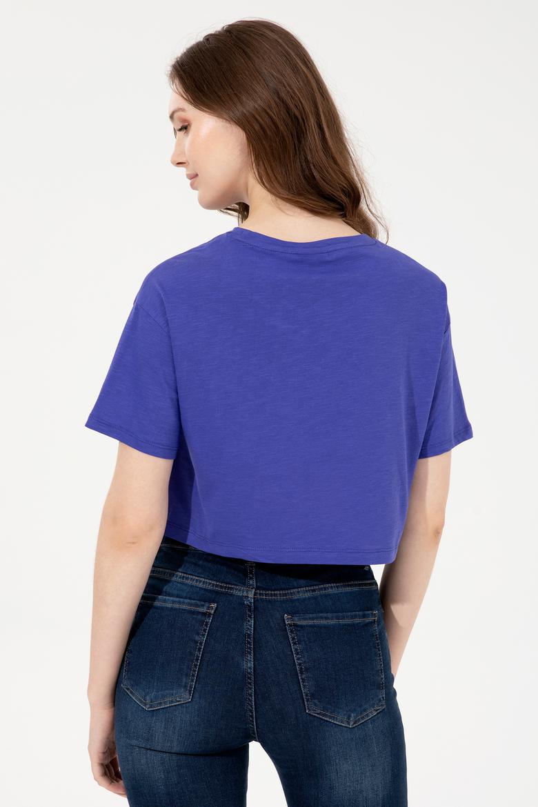 Kadın Mavi Bisiklet Yaka Crop Tişört - 50248144020