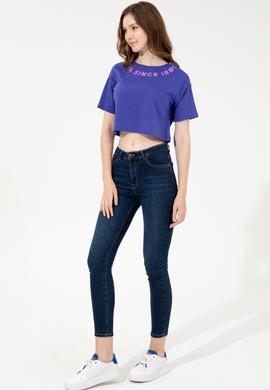 Kadın Mavi Bisiklet Yaka Crop Tişört - 50248144020