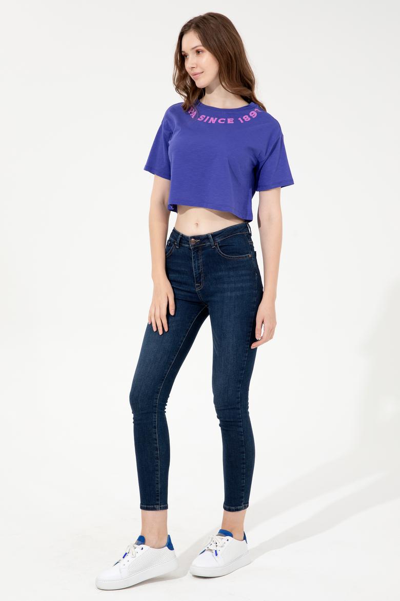 Kadın Mavi Bisiklet Yaka Crop Tişört - 50248144020