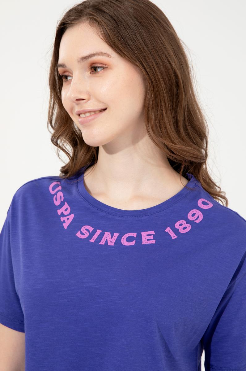 Kadın Mavi Bisiklet Yaka Crop Tişört