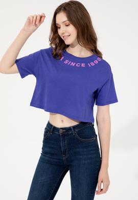Kadın Mavi Bisiklet Yaka Crop Tişört - 50248144020