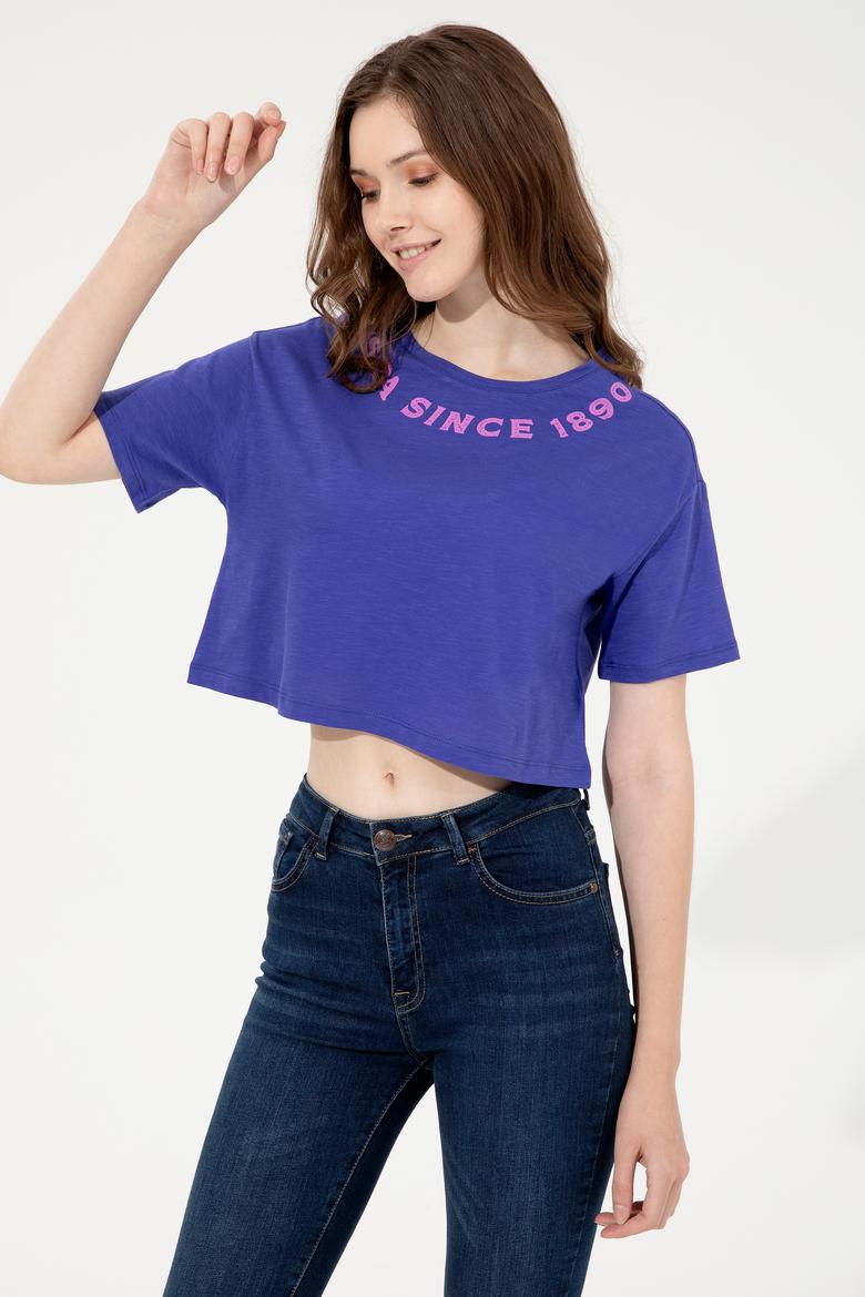 Kadın Mavi Bisiklet Yaka Crop Tişört
