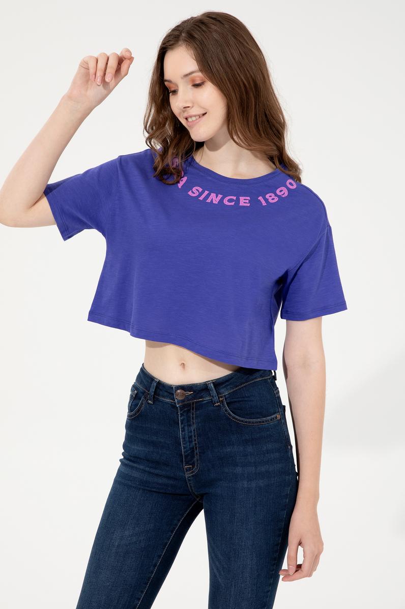 Kadın Mavi Bisiklet Yaka Crop Tişört