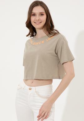 Kadın Haki Bisiklet Yaka Crop Tişört - 50248144014