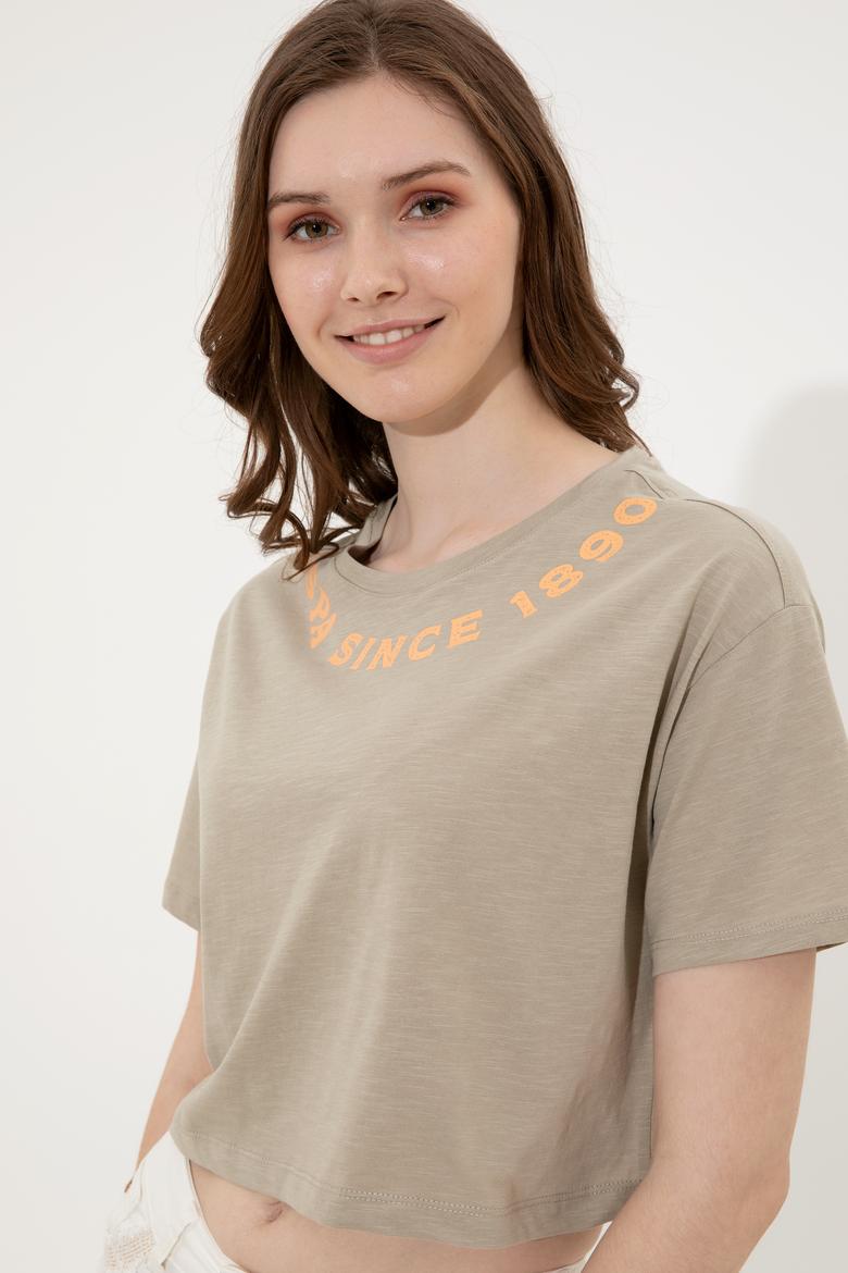 Kadın Haki Bisiklet Yaka Crop Tişört - 50248144014