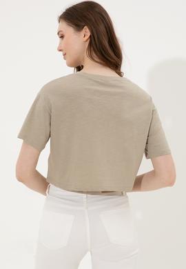 Kadın Haki Bisiklet Yaka Crop Tişört - 50248144014