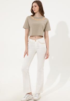 Kadın Haki Bisiklet Yaka Crop Tişört - 50248144014