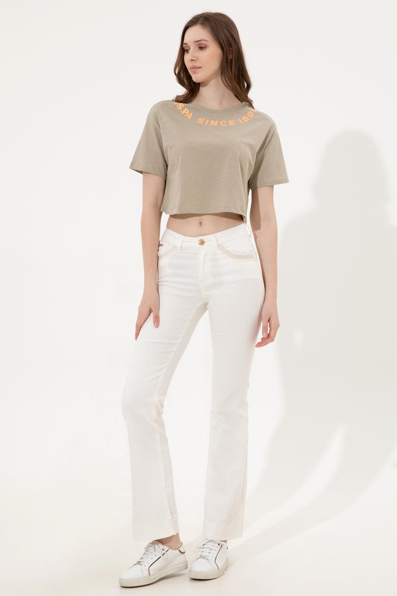 Kadın Haki Bisiklet Yaka Crop Tişört - 50248144014