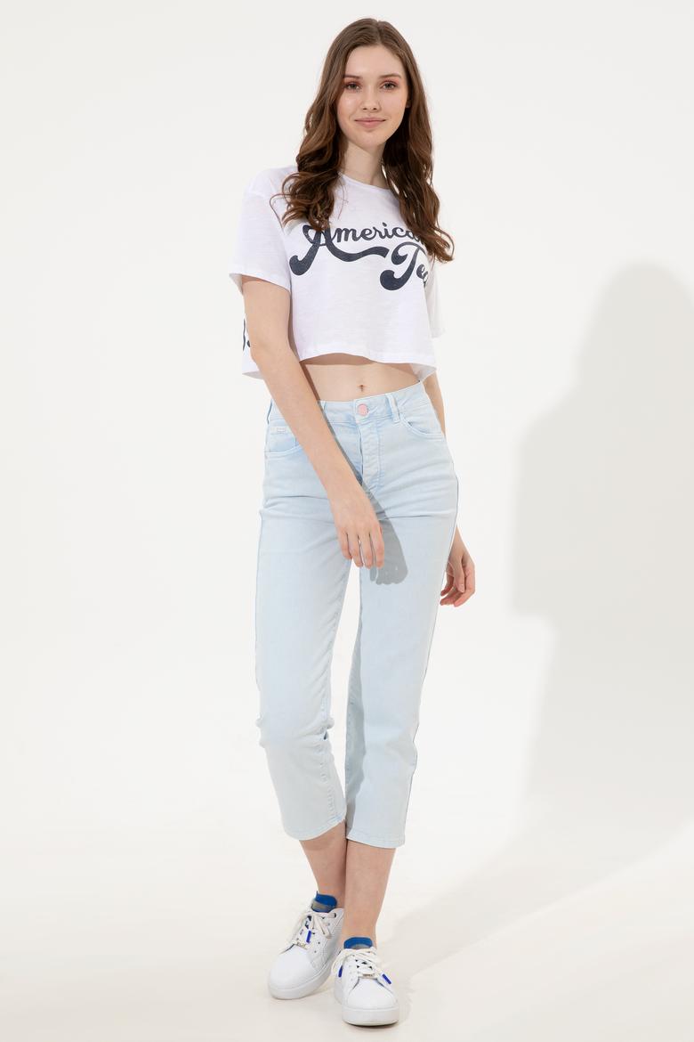 Kadın Beyaz Bisiklet Yaka Crop Tişört - 50248957012