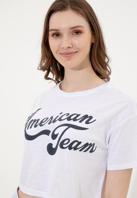 Kadın Beyaz Bisiklet Yaka Crop Tişört - 50248957012