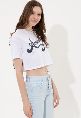 Kadın Beyaz Bisiklet Yaka Crop Tişört - 50248957012