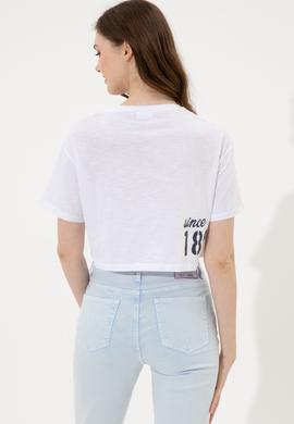 Kadın Beyaz Bisiklet Yaka Crop Tişört - 50248957012