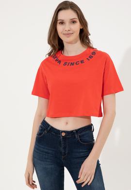 Kadın Kırmızı Bisiklet Yaka Crop Tişört - 50248144037