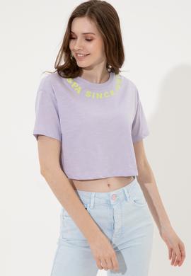 Kadın Lila Bisiklet Yaka Crop Tişört - 50248144028