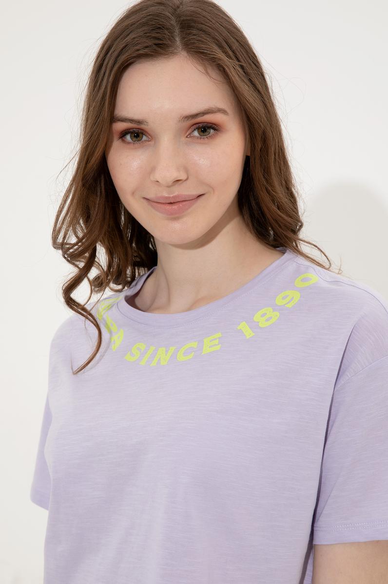 Kadın Lila Bisiklet Yaka Crop Tişört