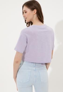 Kadın Lila Bisiklet Yaka Crop Tişört - 50248144028
