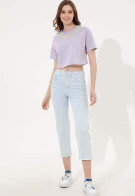 Kadın Lila Bisiklet Yaka Crop Tişört - 50248144028