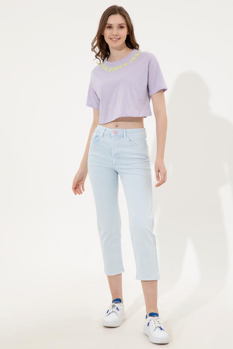 Kadın Lila Bisiklet Yaka Crop Tişört - 50248144028