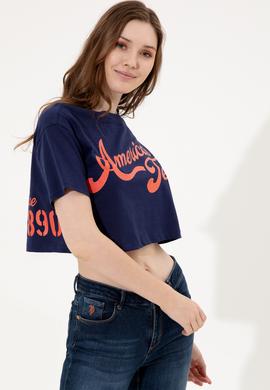 Kadın Lacivert Bisiklet Yaka Crop Tişört - 50248957030