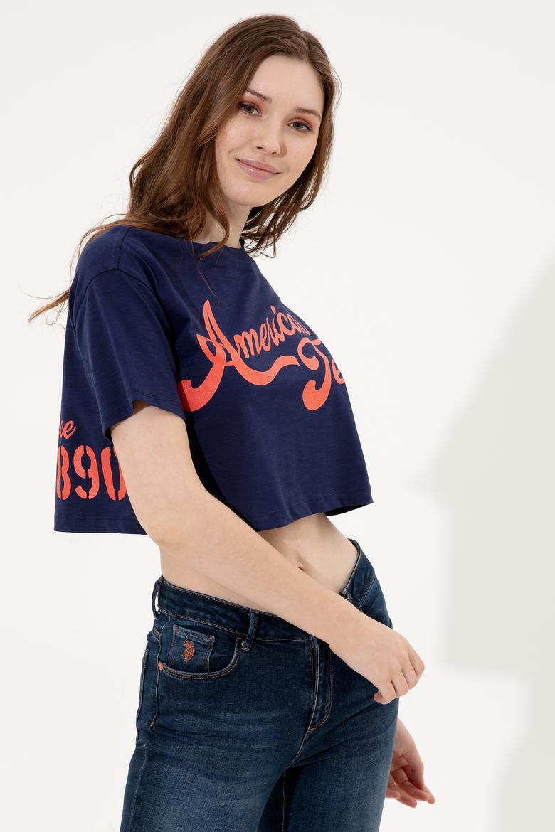 Kadın Lacivert Bisiklet Yaka Crop Tişört - 50248957030