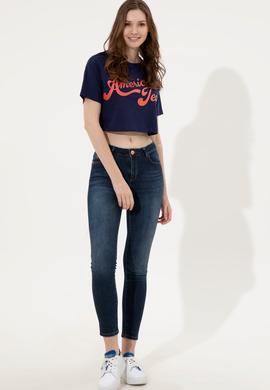 Kadın Lacivert Bisiklet Yaka Crop Tişört - 50248957030