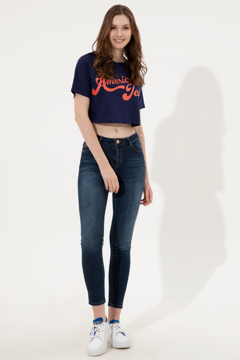 Kadın Lacivert Bisiklet Yaka Crop Tişört - 50248957030