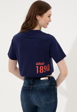 Kadın Lacivert Bisiklet Yaka Crop Tişört - 50248957030