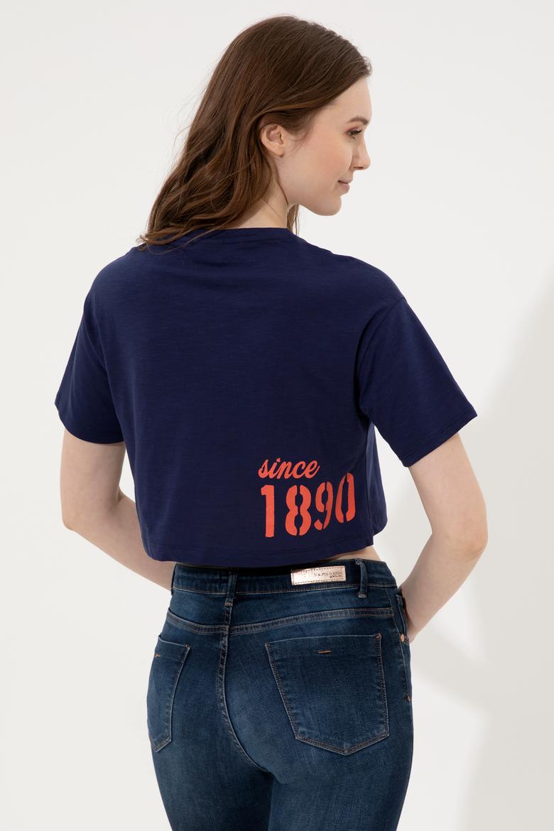 Kadın Lacivert Bisiklet Yaka Crop Tişört - 50248957030