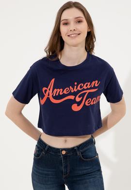 Kadın Lacivert Bisiklet Yaka Crop Tişört - 50248957030