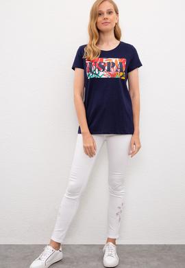 Kadın Lacivert Bisiklet Yaka T-Shirt - 50225745005