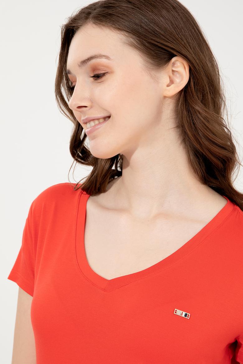 Kadın Kırmızı Basic V Yaka Tişört - 50247980075