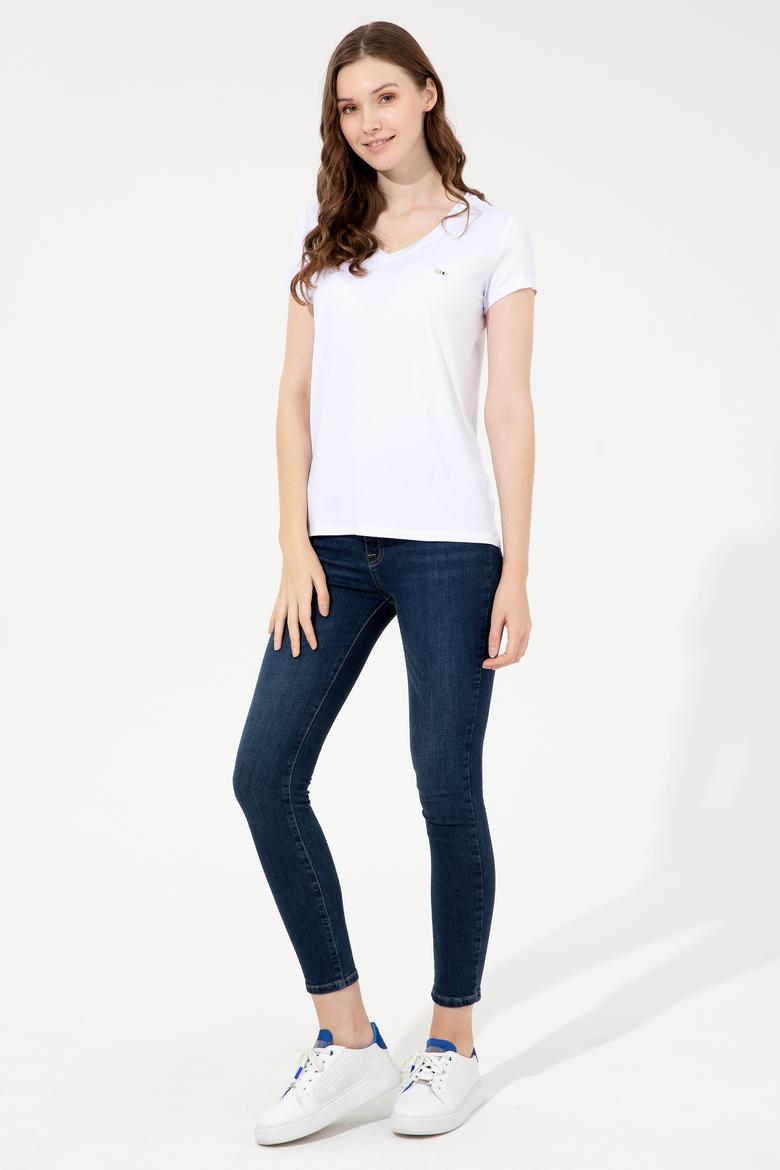 Kadın Beyaz Basic V Yaka Tişört - 50247980021