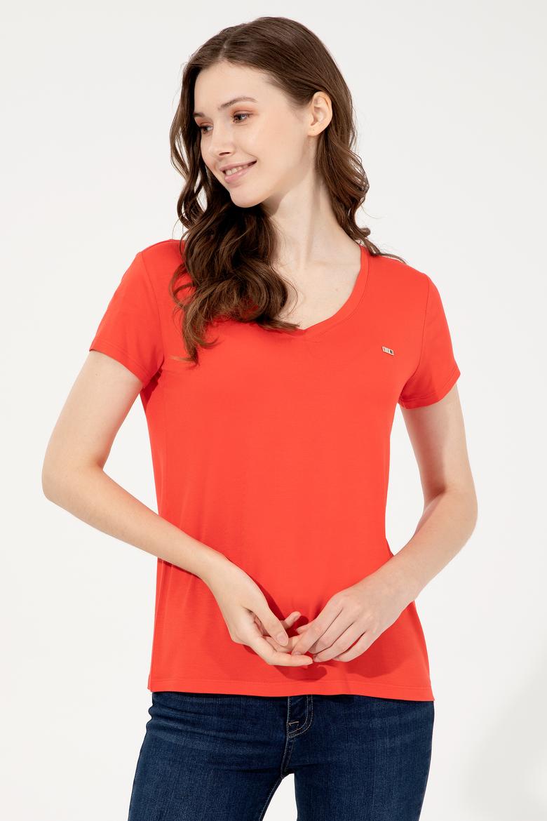 Kadın Kırmızı Basic V Yaka Tişört - 50247980075