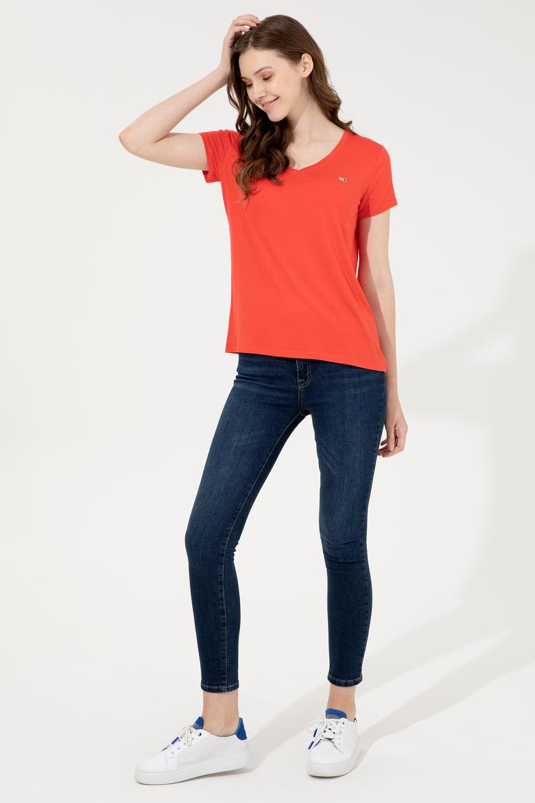 Kadın Kırmızı Basic V Yaka Tişört - 50247980075