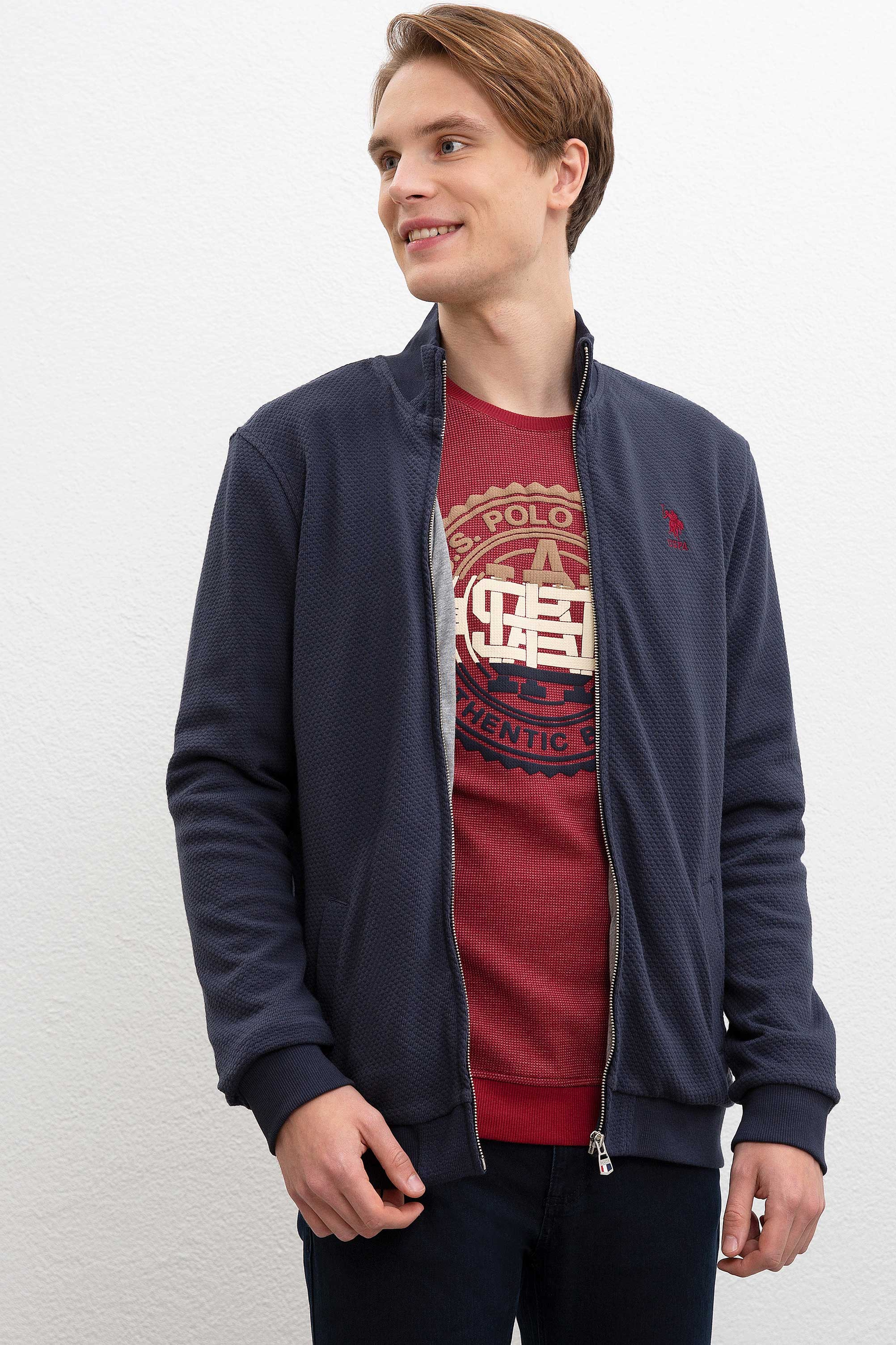 Erkek Lacivert Dik Yaka Fermuarlı Sweatshirt - Image 1