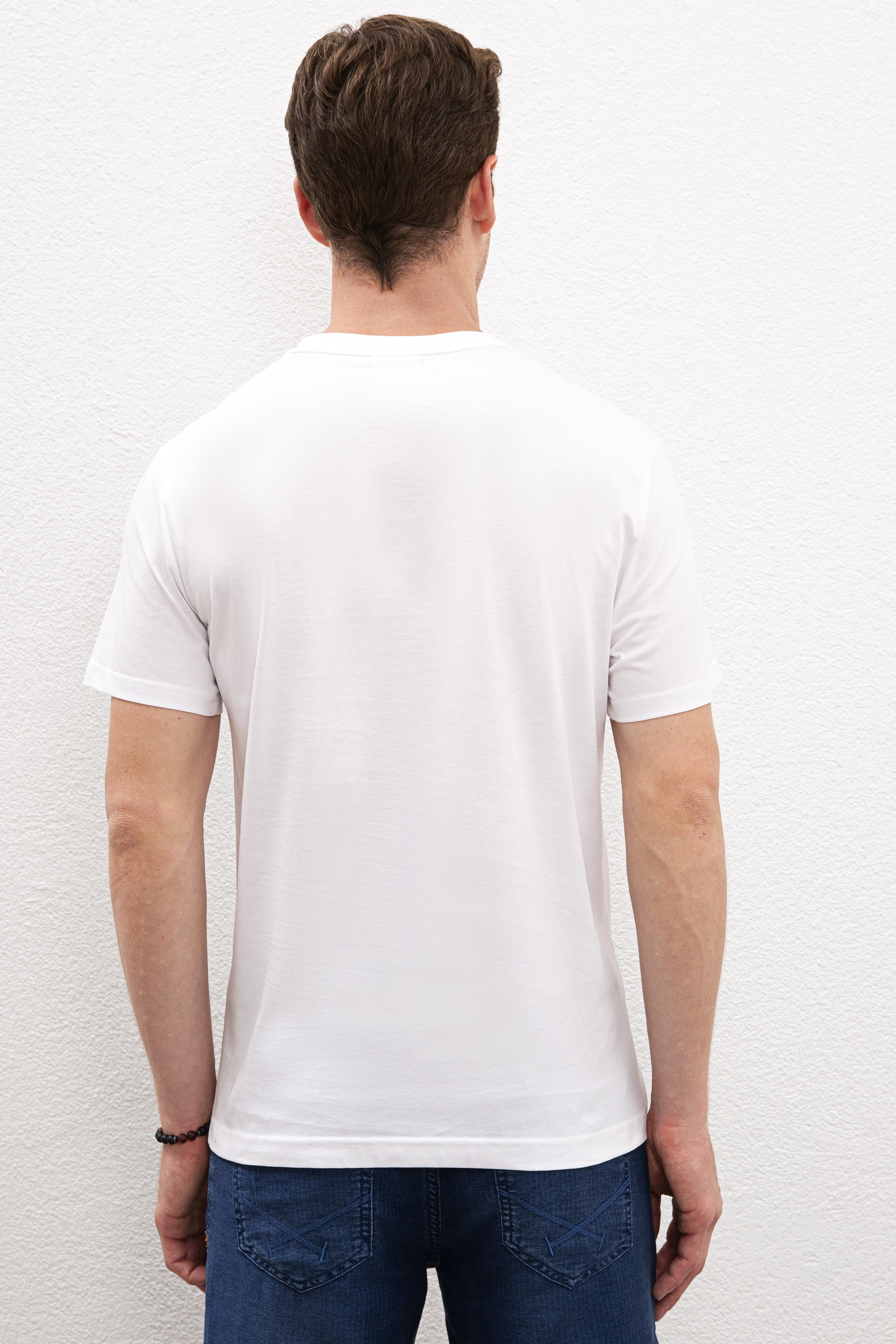 Erkek Beyaz Bisiklet Yaka T-Shirt
