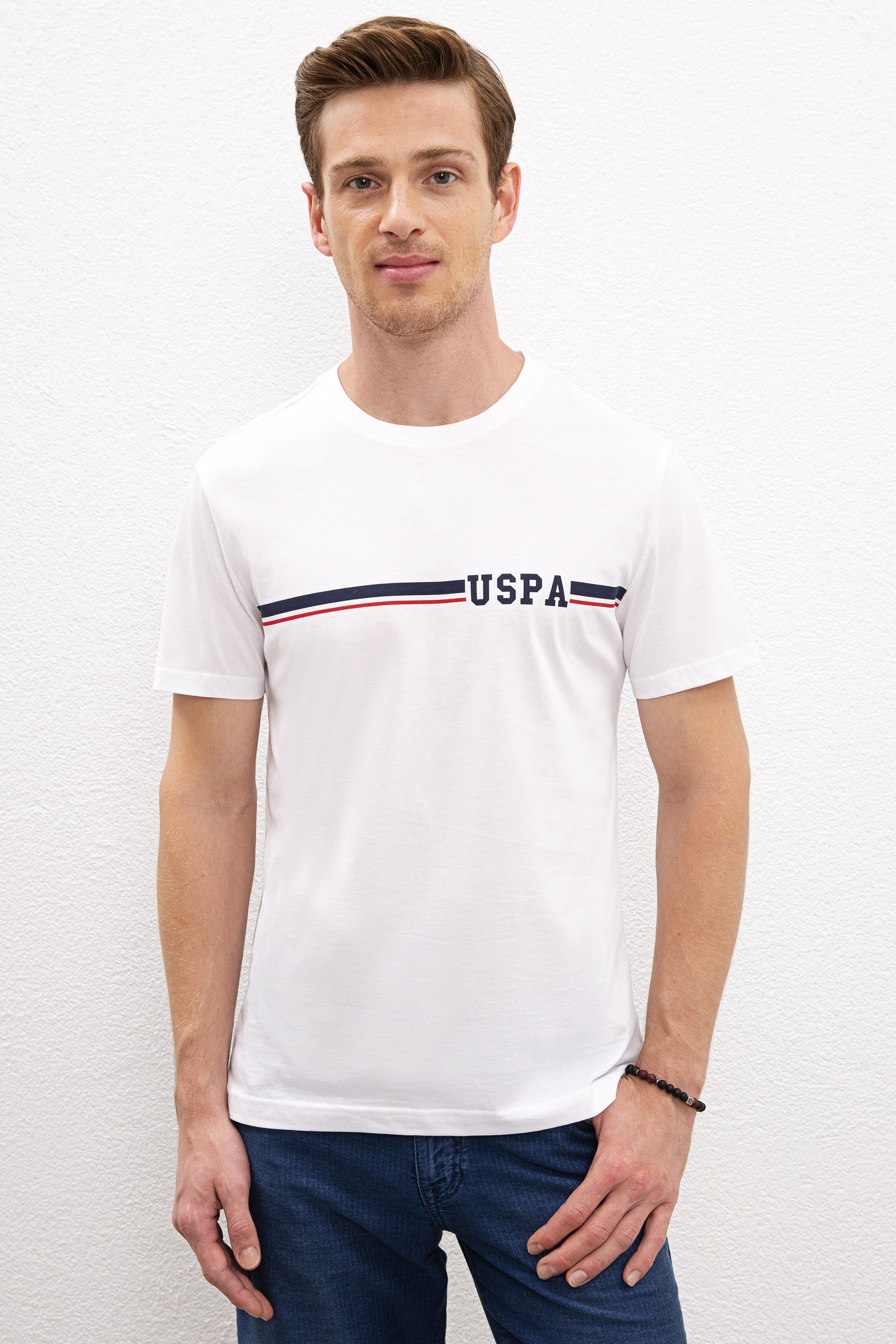 Erkek Beyaz Bisiklet Yaka T-Shirt - Image 1