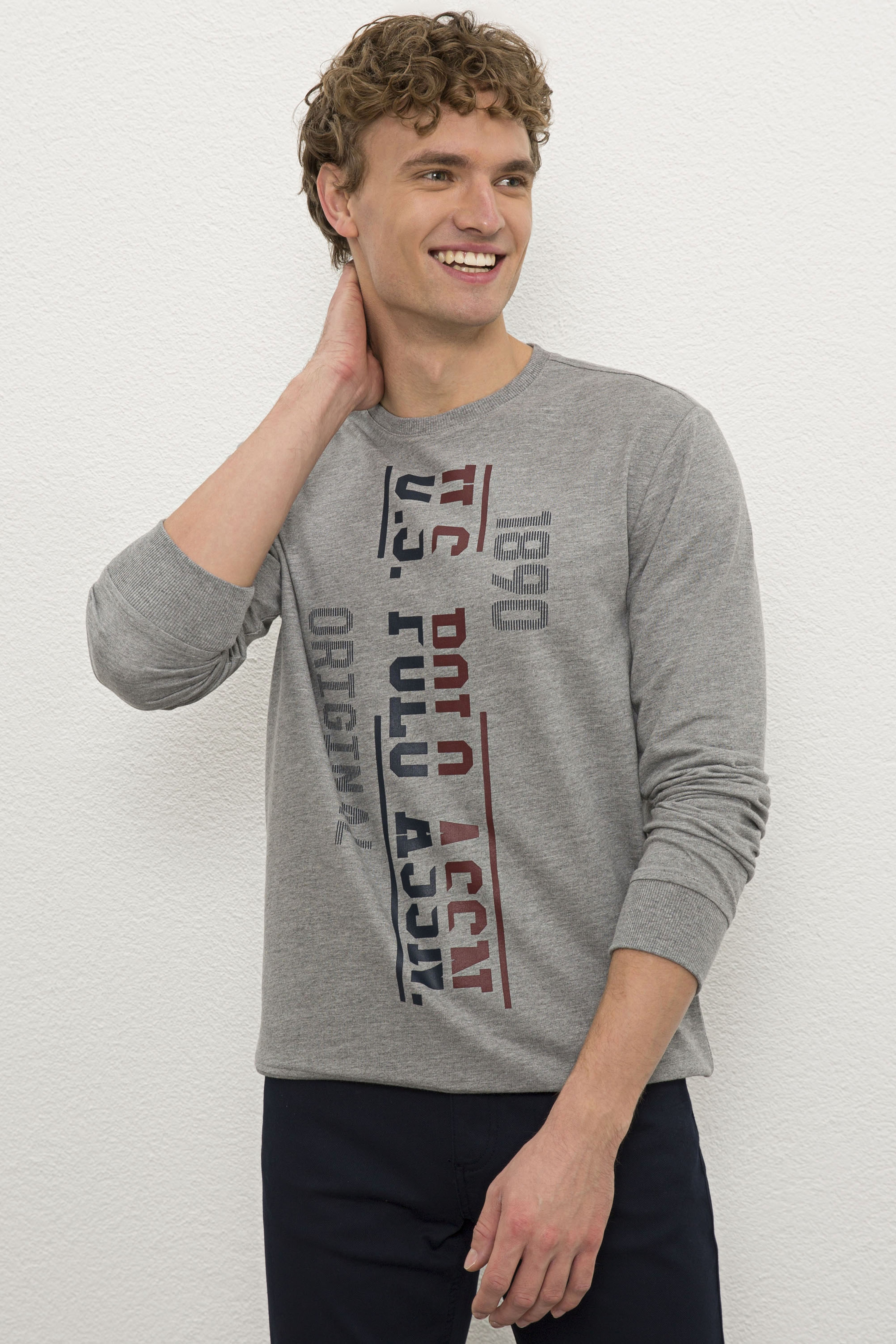 Erkek Gri Melanj Bisiklet Yaka Sweatshirt - Image 1