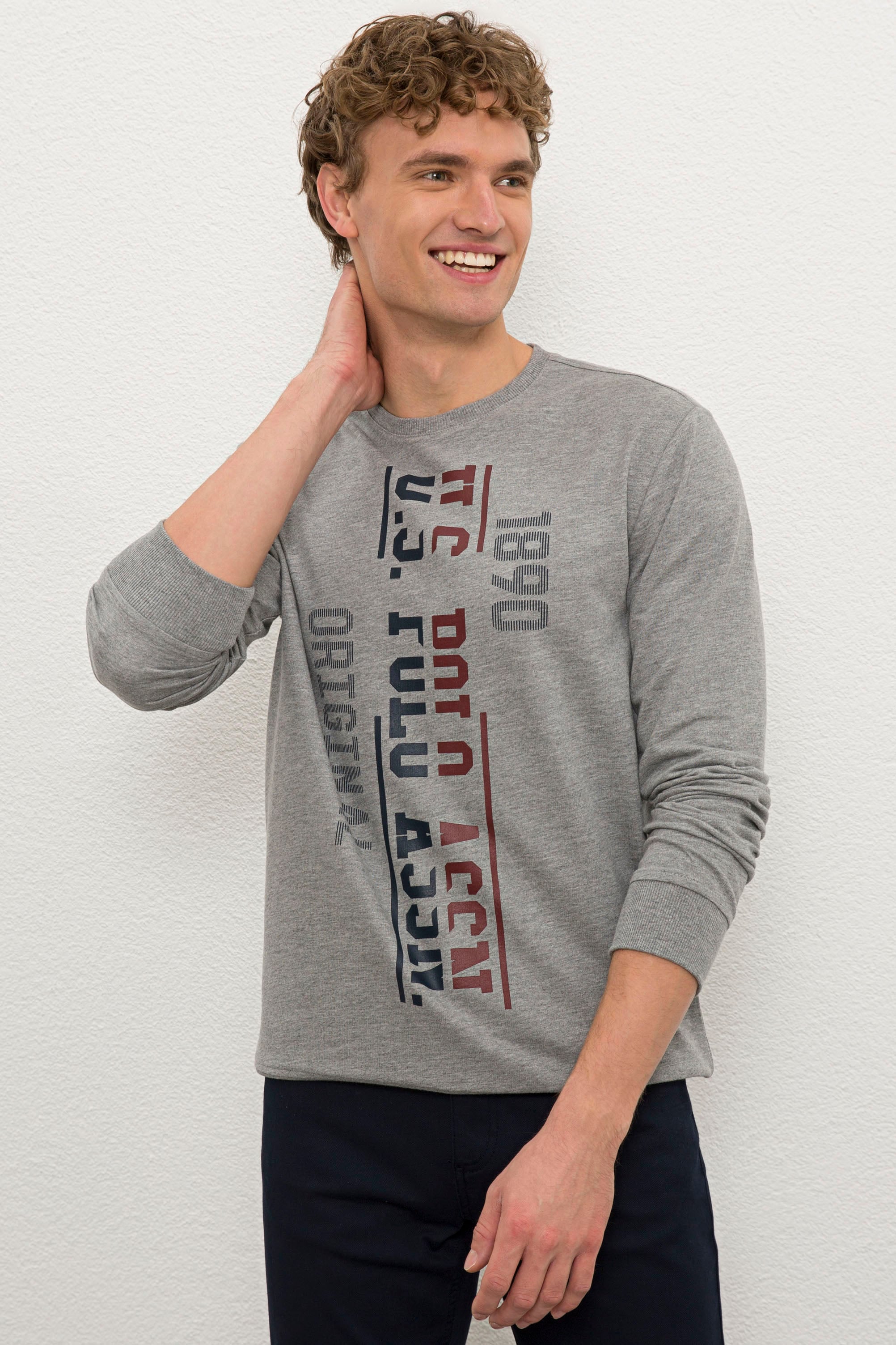 Erkek Gri Melanj Bisiklet Yaka Sweatshirt